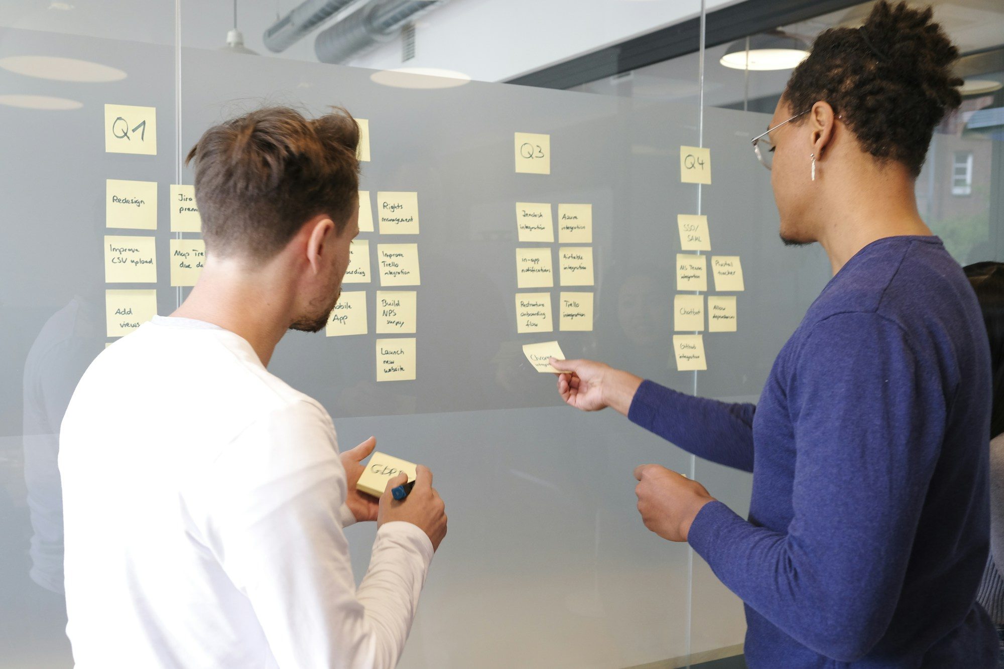 Sticky notes mapping out a product plan